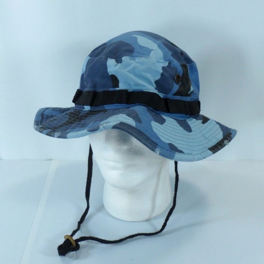 DPC Doreman Pacific Co Blue Camo Boonie Bucket Cap Hat Distressed Fishing Sz L
